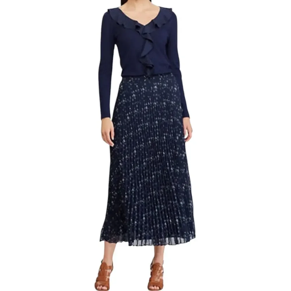 Women's CHAPS Size X-Large Blue Floral Chiffon Lined and Pleated Midi Skirt